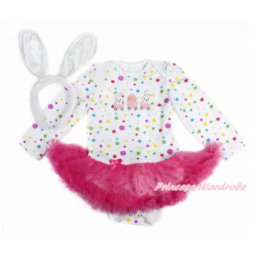 Easter White Rainbow Dots Long Sleeve Baby Bodysuit Jumpsuit Hot Pink Pettiskirt With Bunny Rabbit Egg Print & Rabbit Headband JS3160 